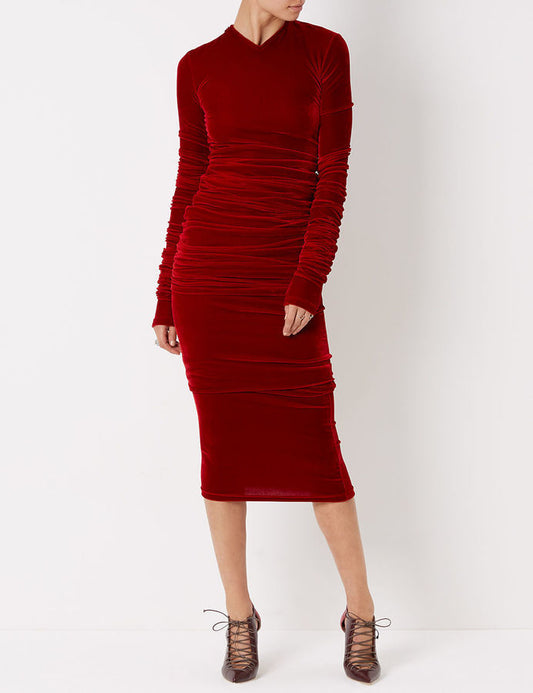 Burgundy Velvet Rouched Dress