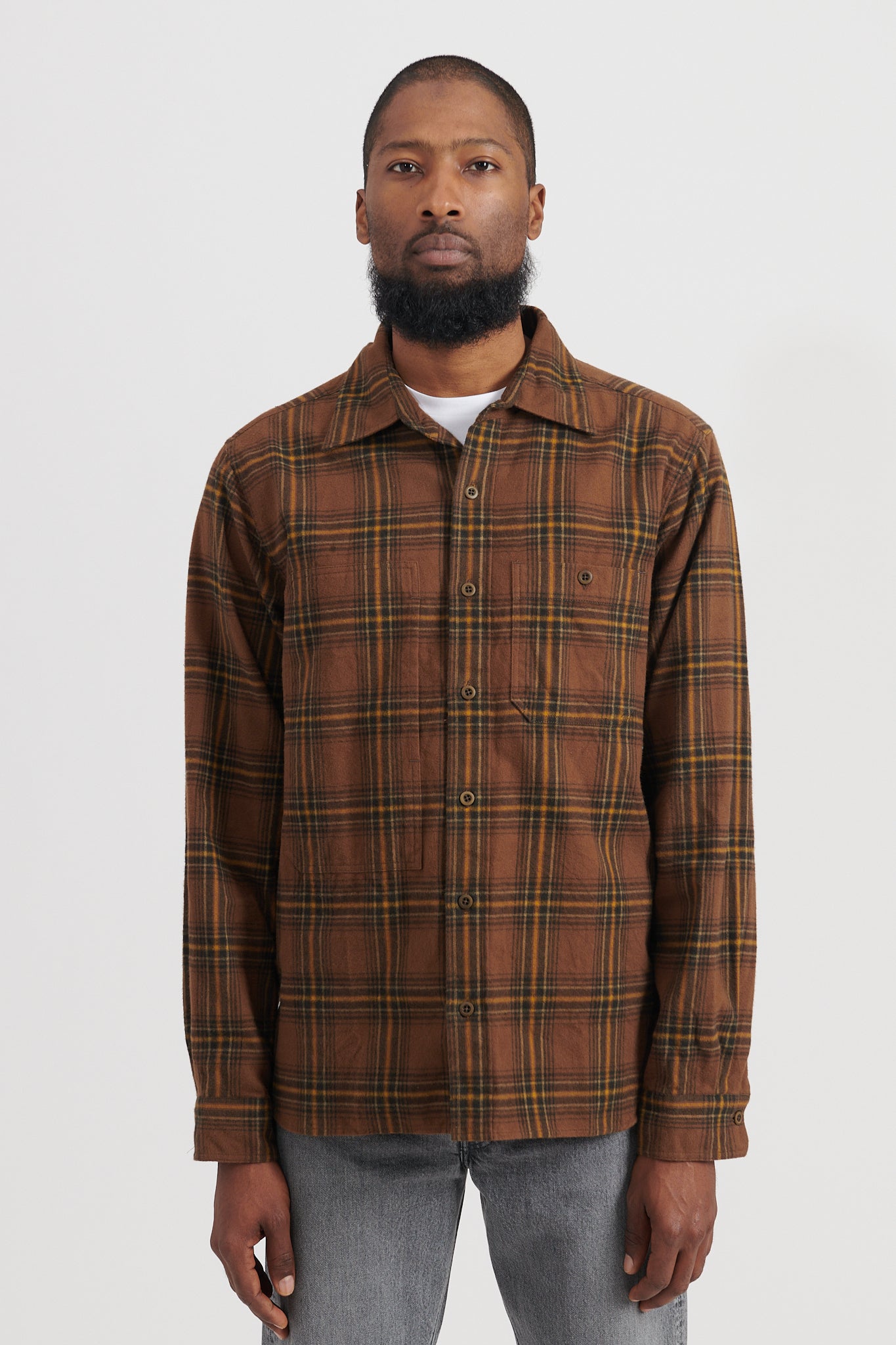 Brushed Plaid Cotton Asymmetric Work Shirt - Brown